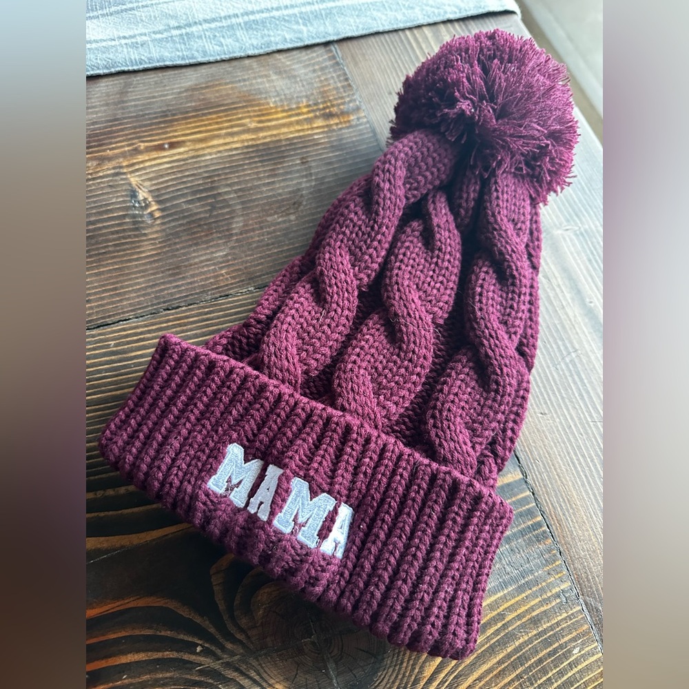 LMSS Little Mama Shirt Shop Embroidered Pom Beanie in Burgandy